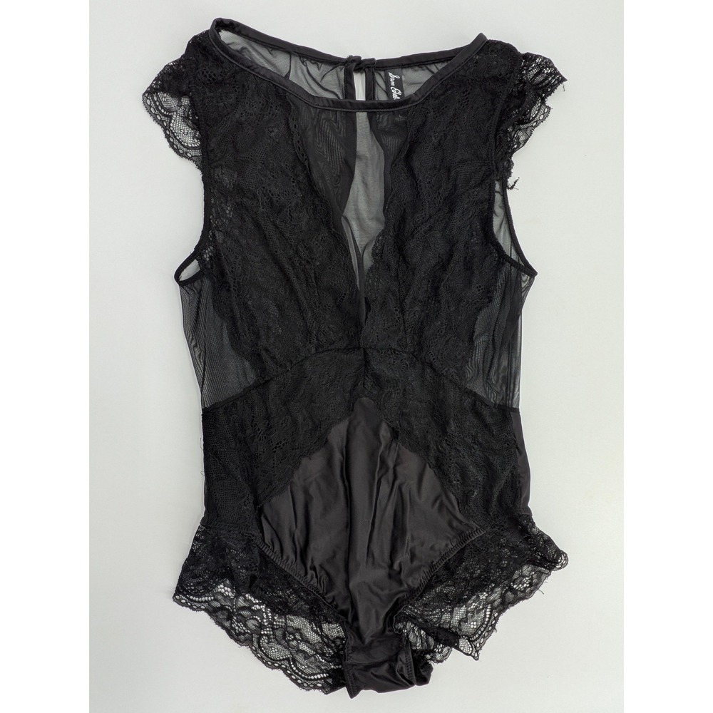 Sam Edelman‎ Womens Black Lace Mesh Bodysuit Cap Sleeve Keyhole Back Size Large